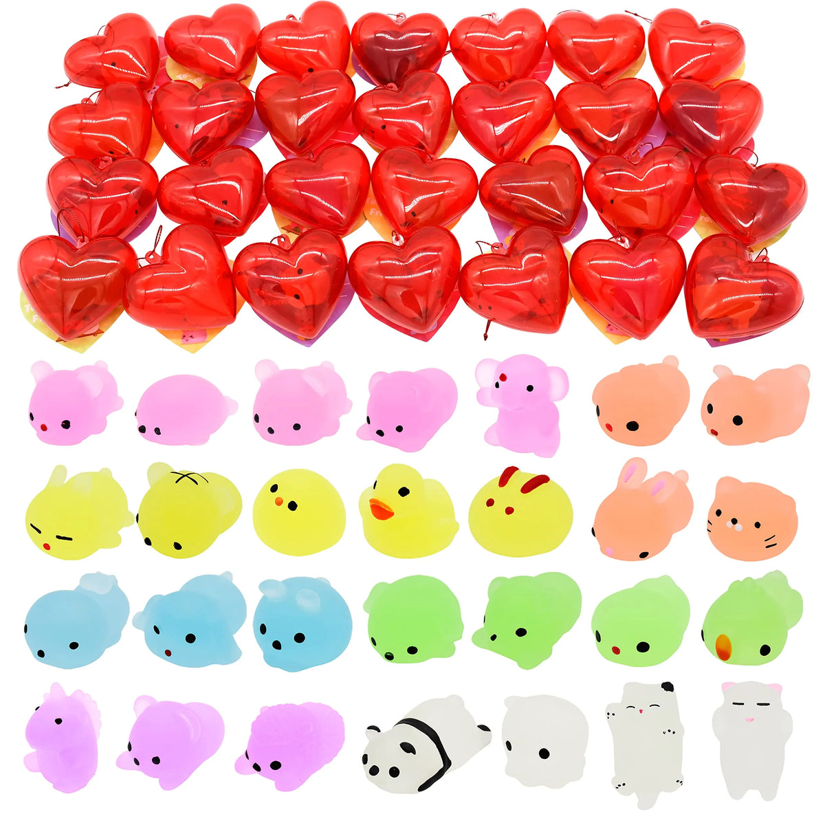 28-Piece Glow-in-the-Dark Mochi Squishy Toys Filled Hearts Set with Kids Valentine's Cards
