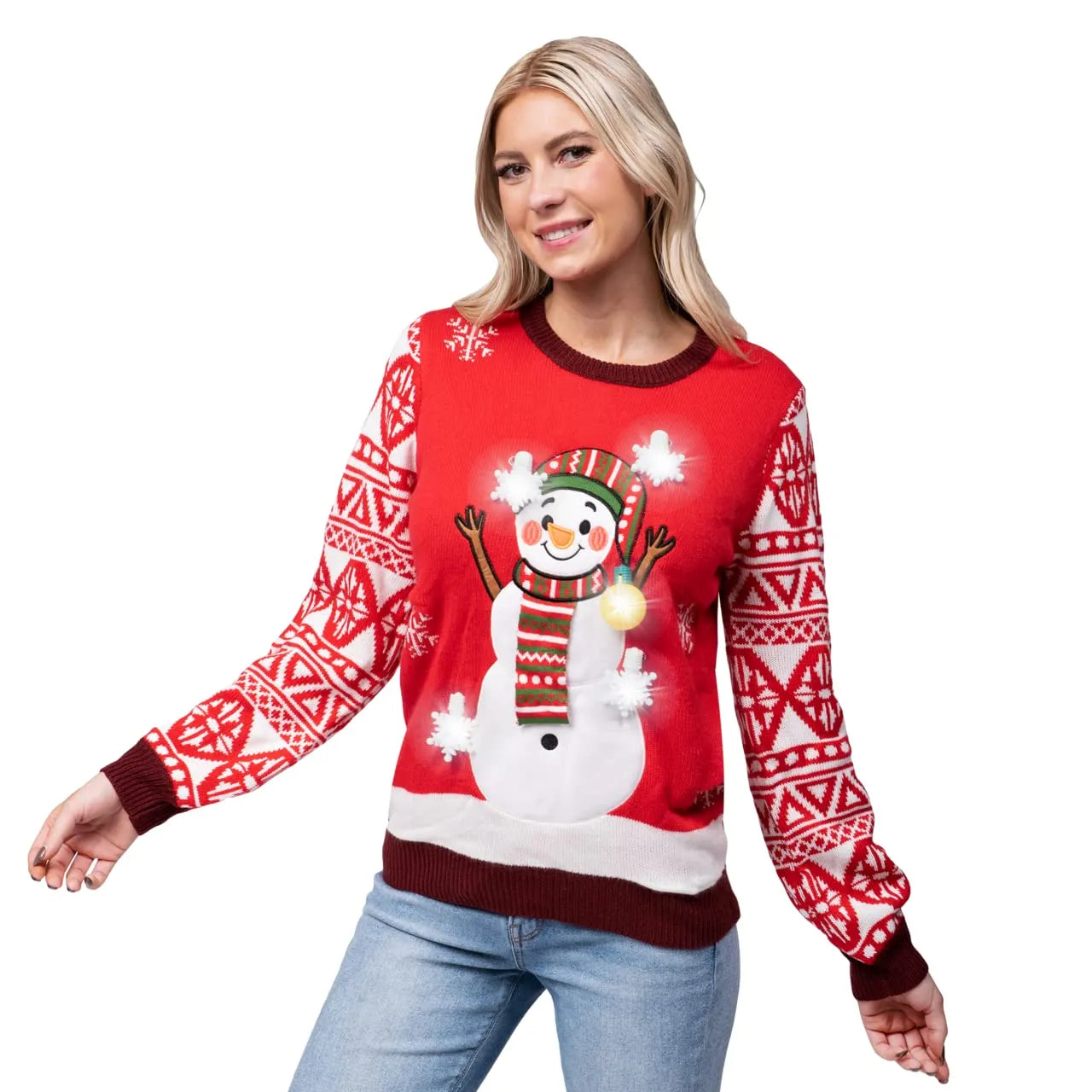 Adult Snowman Ugly Christmas Sweater with Light Up Bulbs