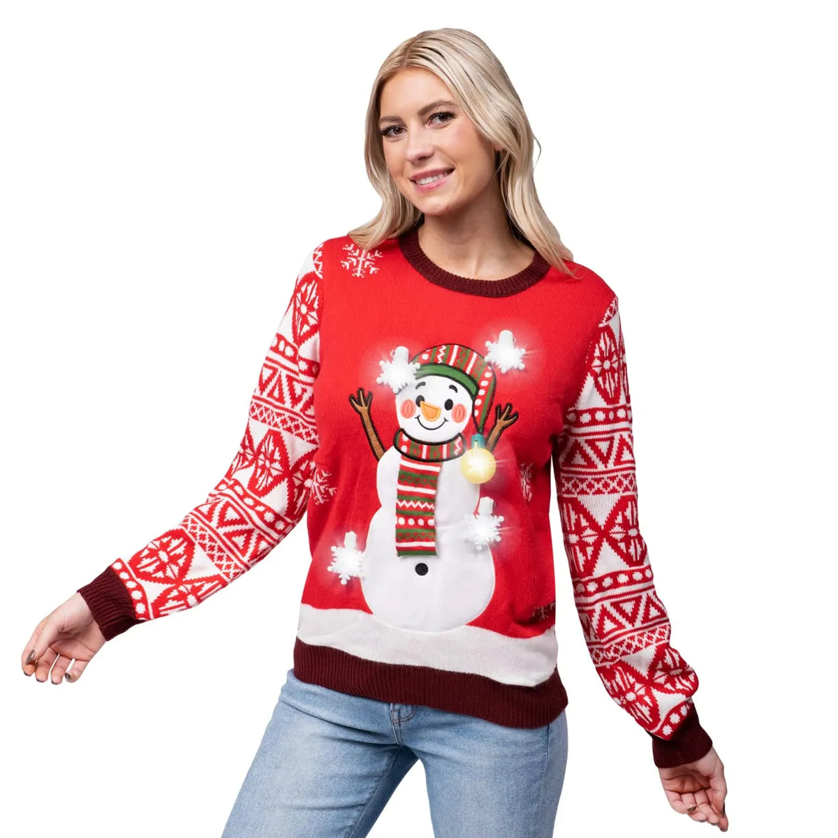 Adult Snowman Ugly Christmas Sweater with Light Up Bulbs