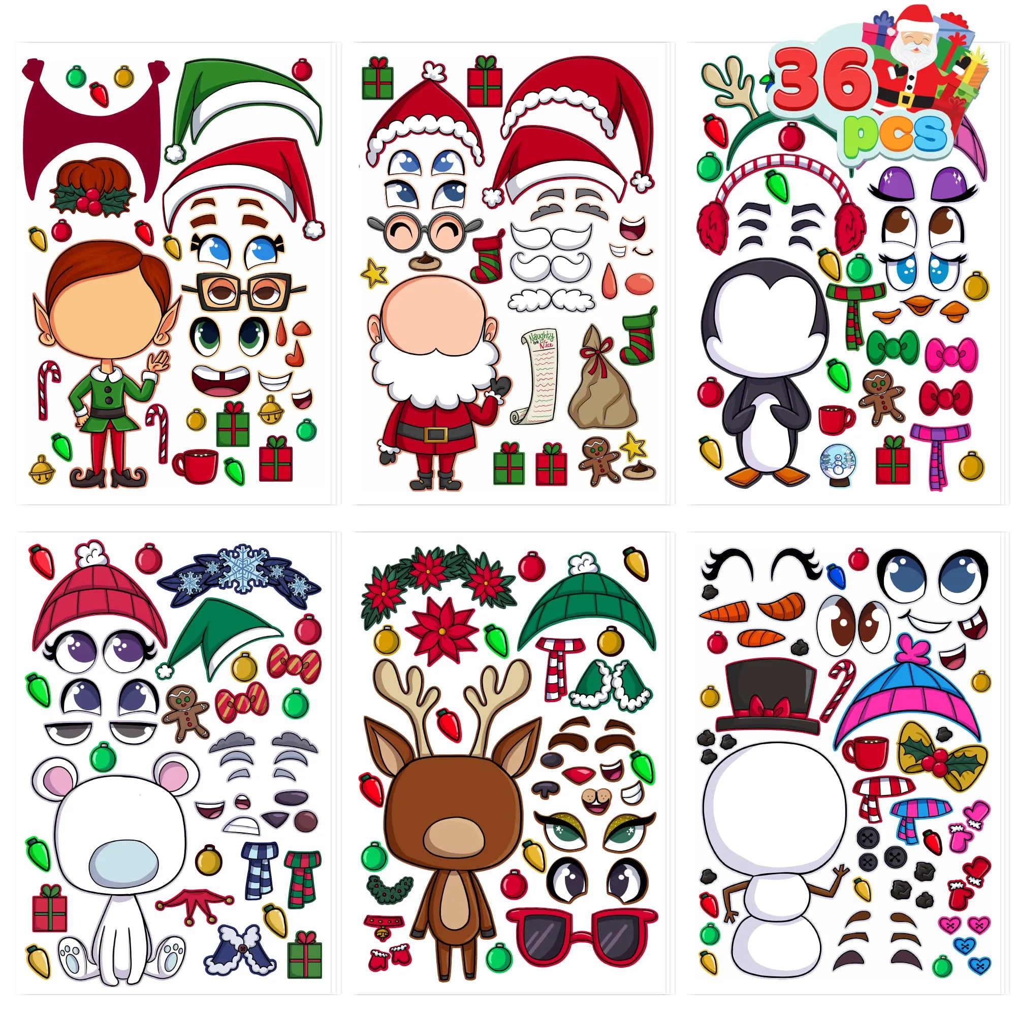 Make-a-Face Christmas Stickers, 6 Designs, 36 Pieces