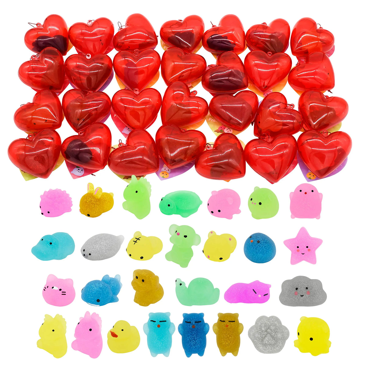 28-Piece Glitter Squishy Hearts Set with Valentine's Day Cards for Kids Classroom Exchange Gifts