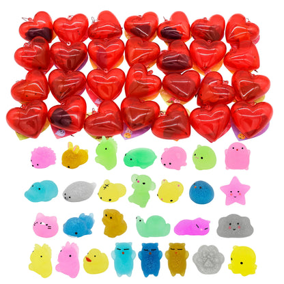 28-Piece Glitter Squishy Hearts Set with Valentine's Day Cards for Kids Classroom Exchange Gifts