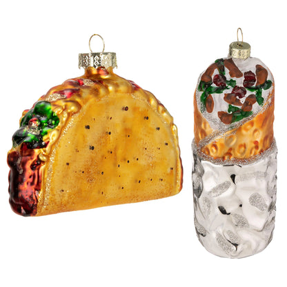 Christmas Glass Blown Ornament: Taco and Burrito Set