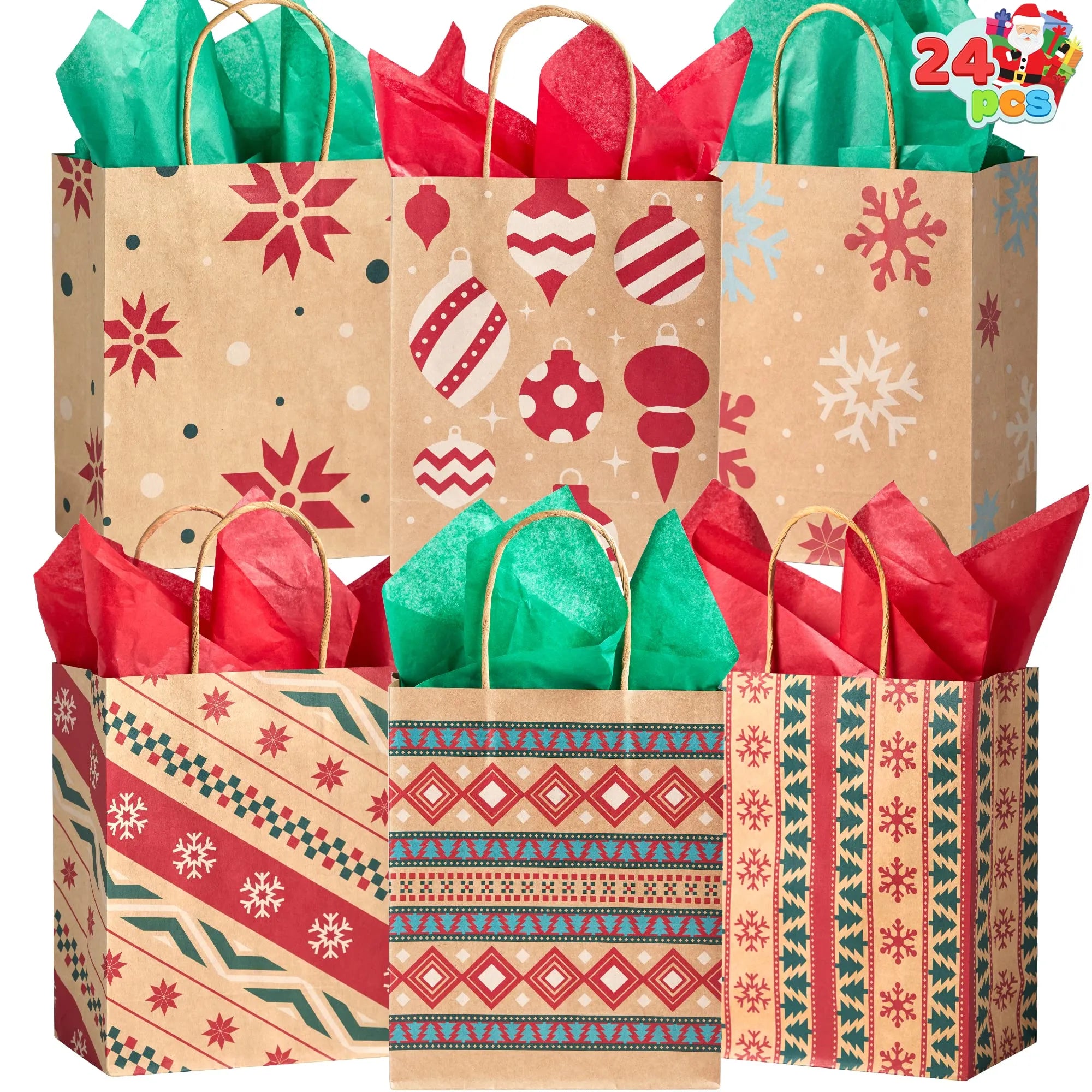Kraft Holiday Gift Bags, 7.25 Inches, 24 Pack