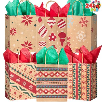 Kraft Holiday Gift Bags, 7.25 Inches, 24 Pack