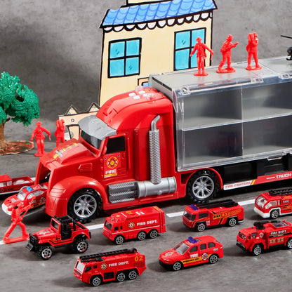 25-in-1 Fire Rescue Carrier Truck Toy Set with 12 Diecast Vehicles & 12 Figures