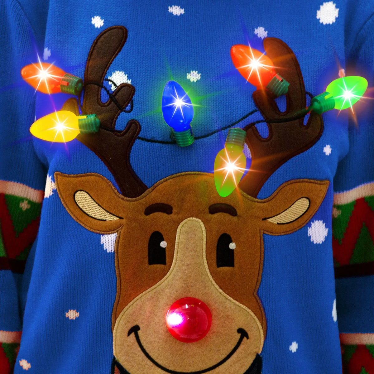 Adult Blue Reindeer Ugly Sweater with Light Bulbs