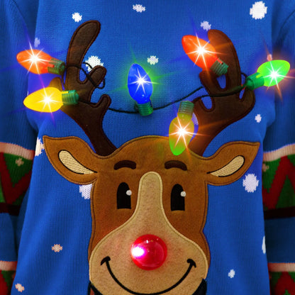 Adult Blue Reindeer Ugly Sweater with Light Bulbs