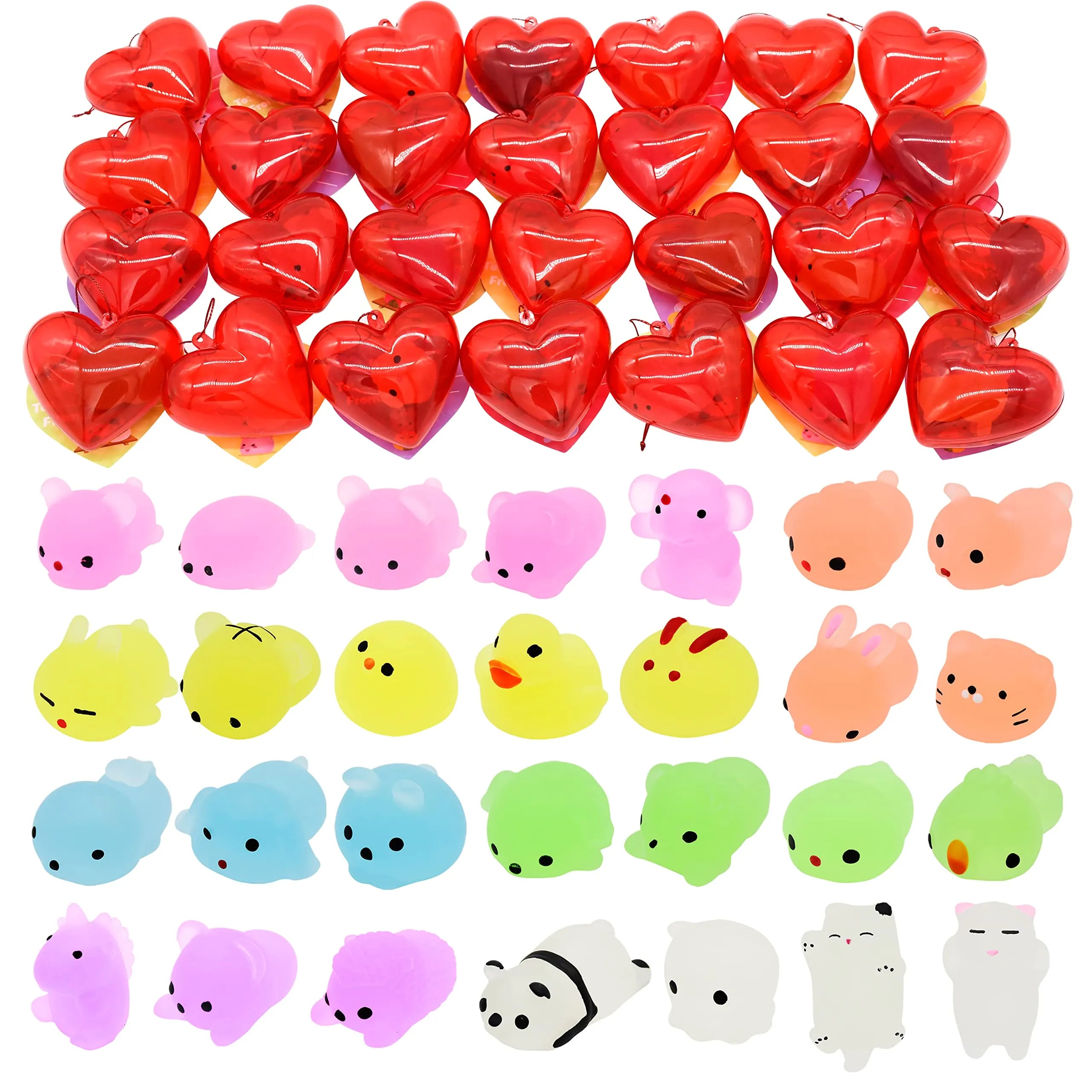 28-Piece Glow-in-the-Dark Mochi Squishy Toys Filled Hearts Set with Kids Valentine's Cards