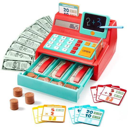 Kids Cash Register Toy with Play Money, Voice Calculator & Write Erase Pad - Educational Pretend Play for Toddlers 3+
