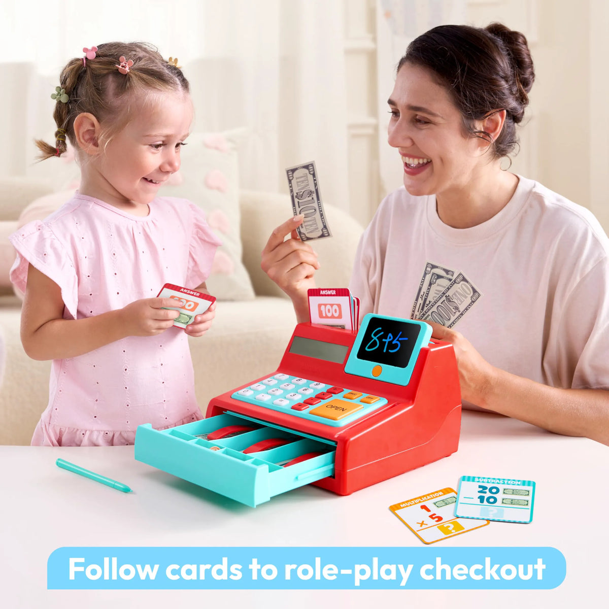Kids Cash Register Toy with Play Money, Voice Calculator & Write Erase Pad - Educational Pretend Play for Toddlers 3+