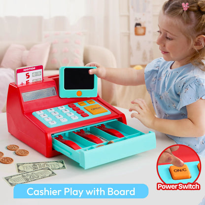 Kids Cash Register Toy with Play Money, Voice Calculator & Write Erase Pad - Educational Pretend Play for Toddlers 3+