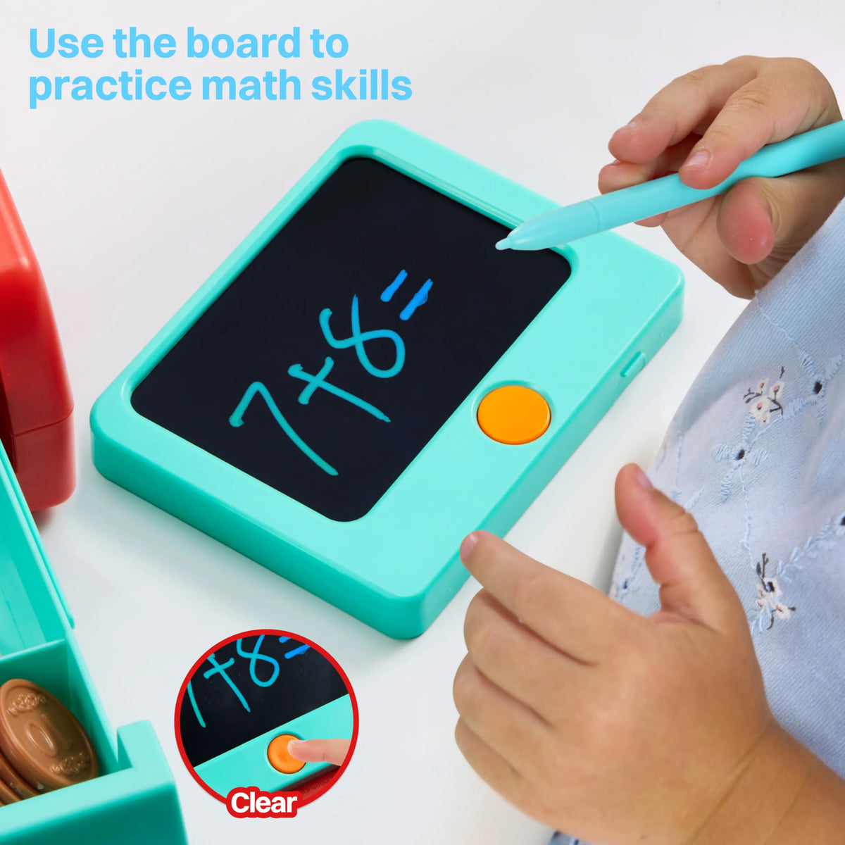 Kids Cash Register Toy with Play Money, Voice Calculator & Write Erase Pad - Educational Pretend Play for Toddlers 3+