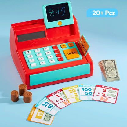 Kids Cash Register Toy with Play Money, Voice Calculator & Write Erase Pad - Educational Pretend Play for Toddlers 3+