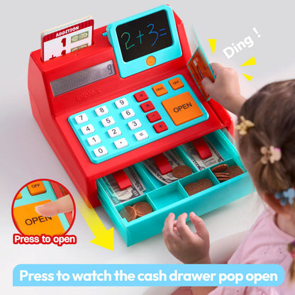 Kids Cash Register Toy with Play Money, Voice Calculator & Write Erase Pad - Educational Pretend Play for Toddlers 3+