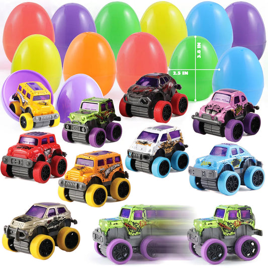 12 Pack 3.8 Inch Easter Eggs with Pull Back Monster Cars & Trucks for Easter Egg Hunt