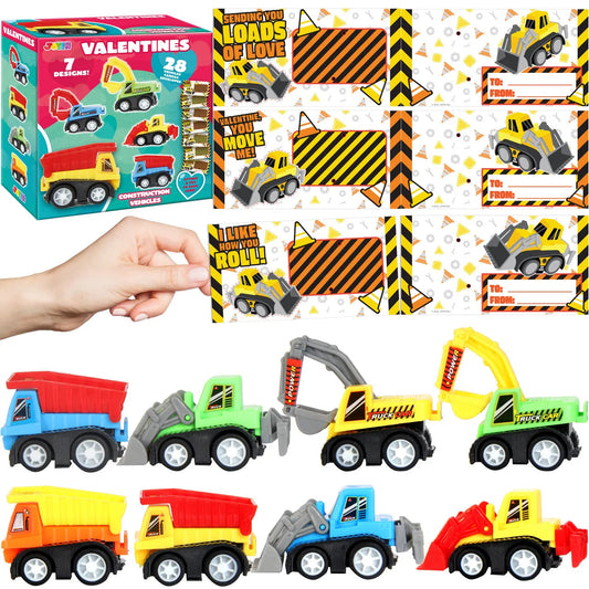 28-Piece Mini Construction Vehicle Toy Set with Valentine's Day Cards for Classroom Exchange