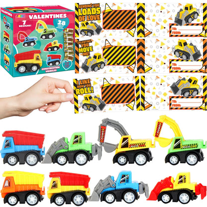 28-Piece Mini Construction Vehicle Toy Set with Valentine's Day Cards for Classroom Exchange
